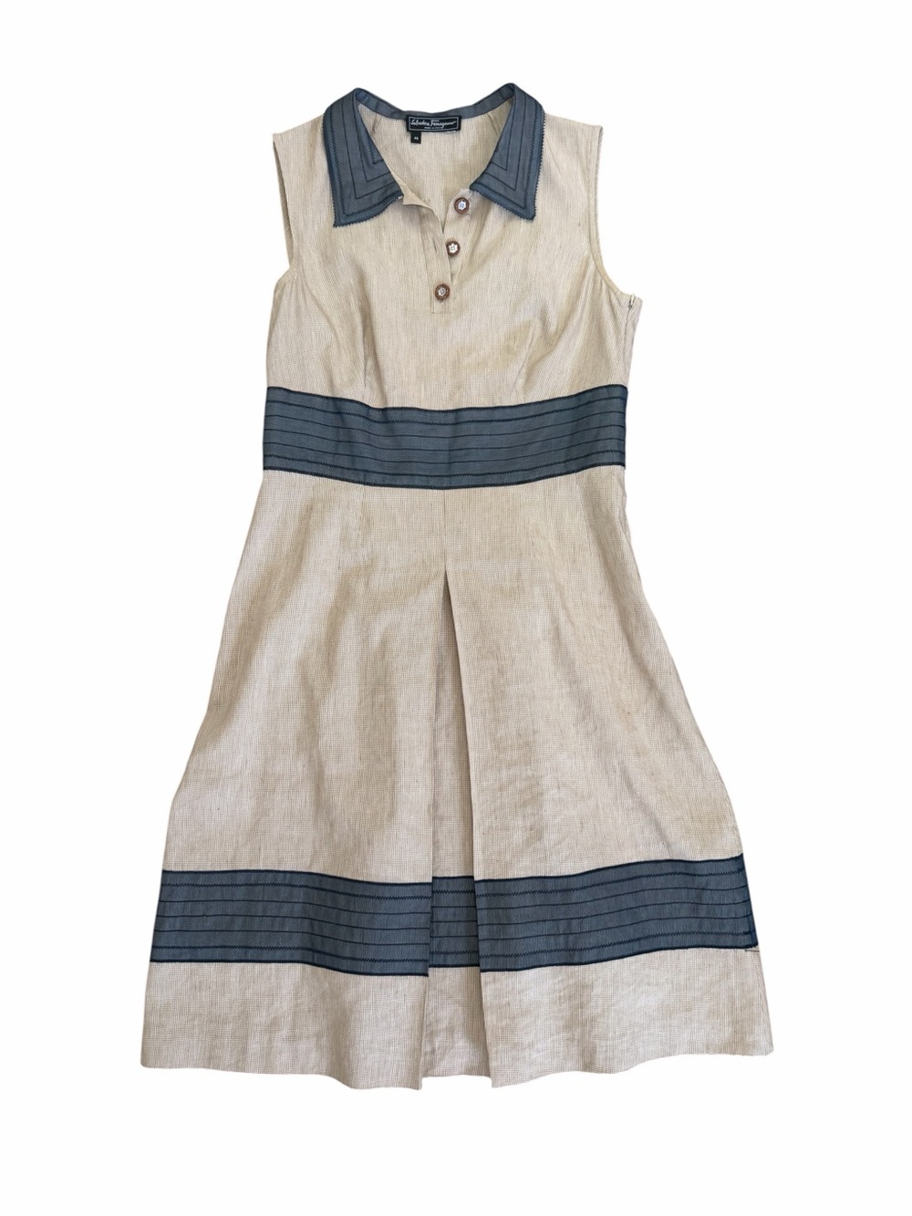 Vintage Salvatore Ferragamo Beige and Navy Sleeveless Midi Dress-Mint Condition